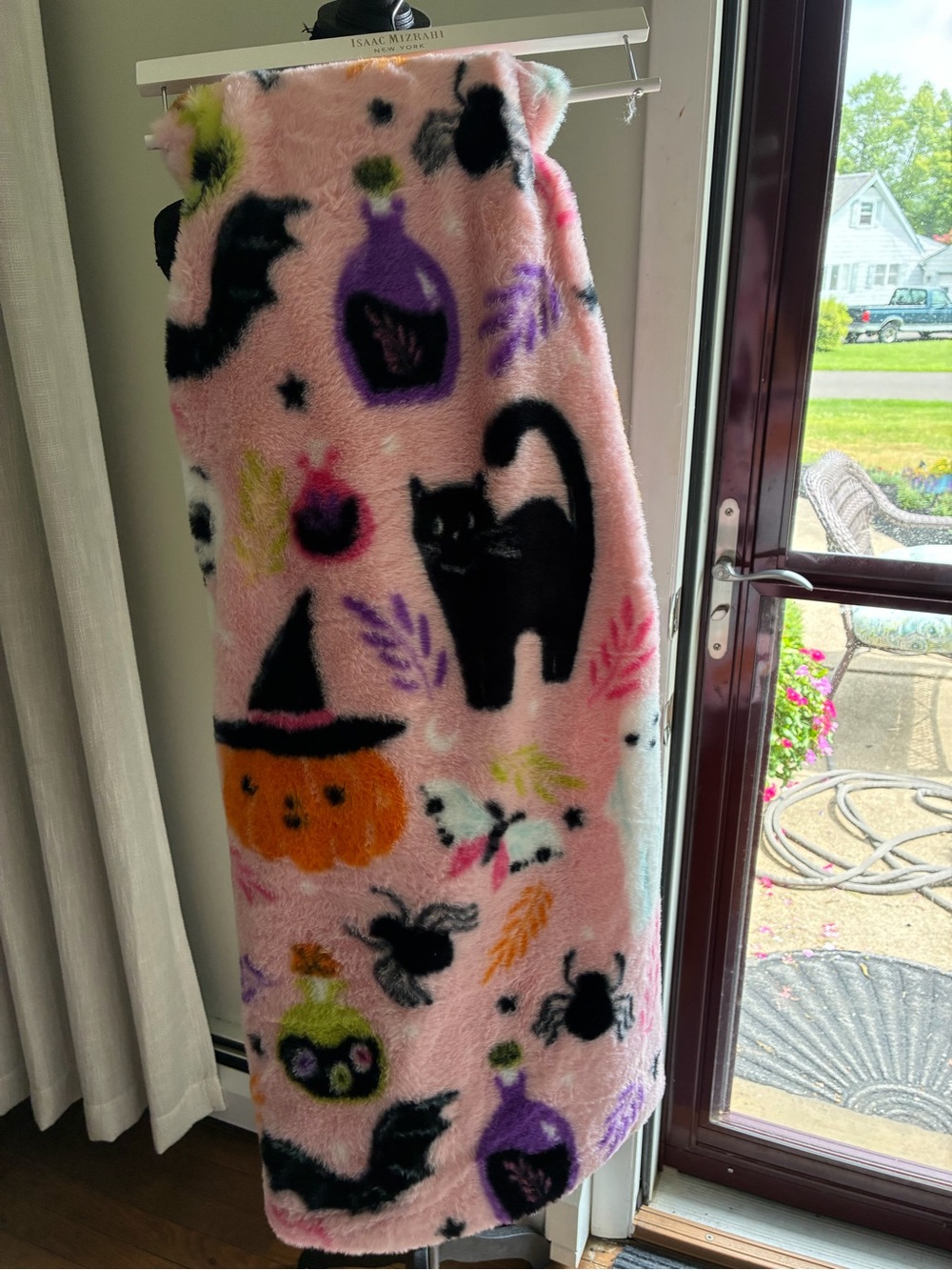 Isaac Mizrahi Pink Plush Halloween Cat & Pumpkin Pet Blanket